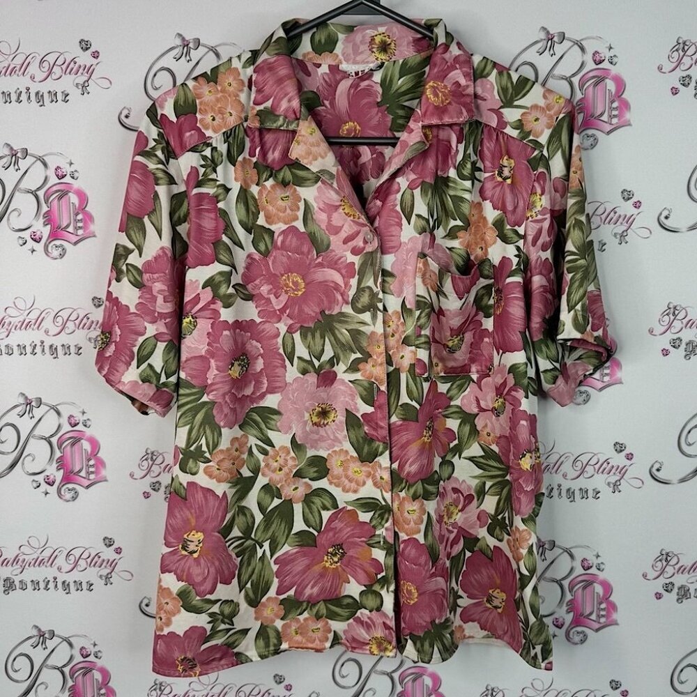 Alia button down flowers vintage Floral Pink and Green Women's Top pink orange